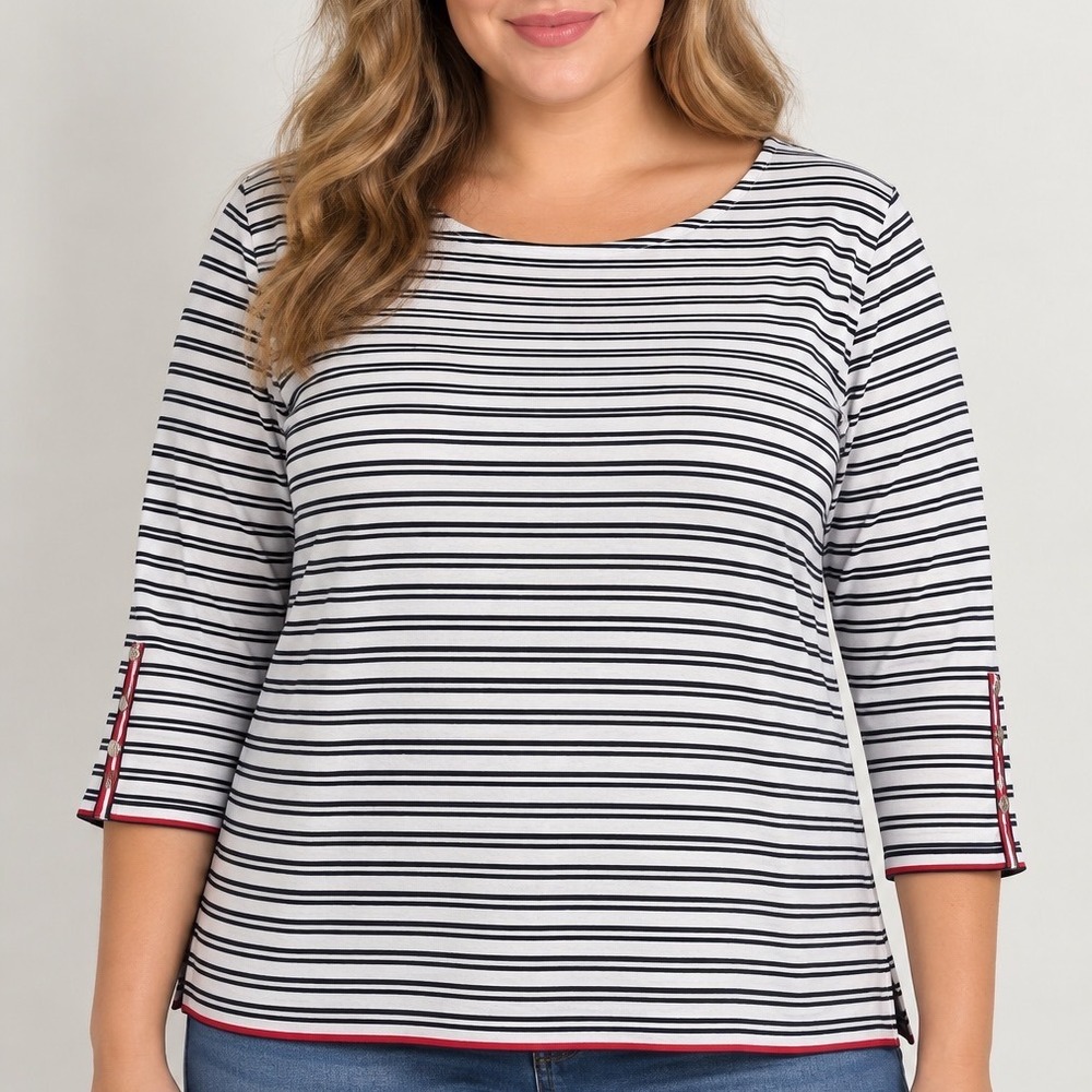 Tommy Hilfiger Large Striped Nautical Top Navy White Red Gold Button Sleeve